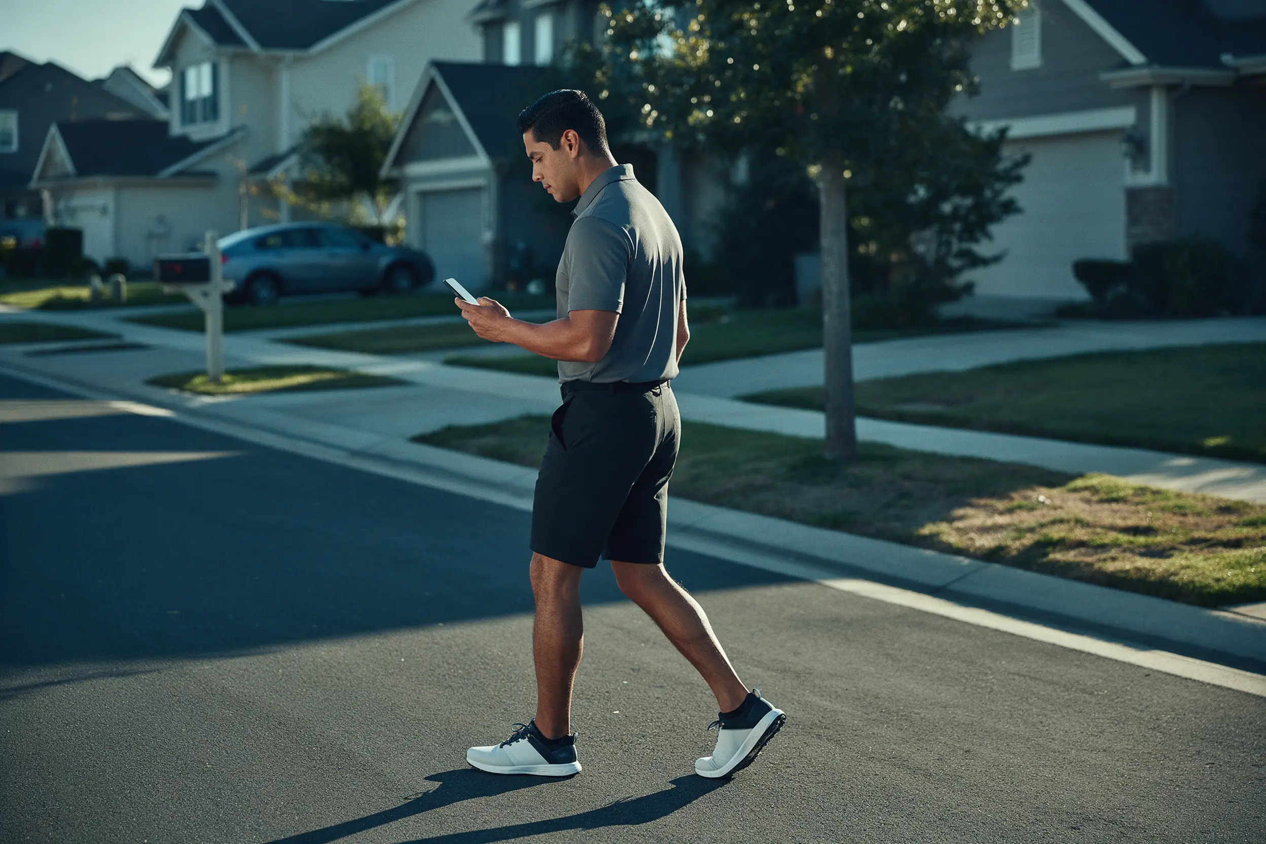 A rep checks his phone while working a neighborhood