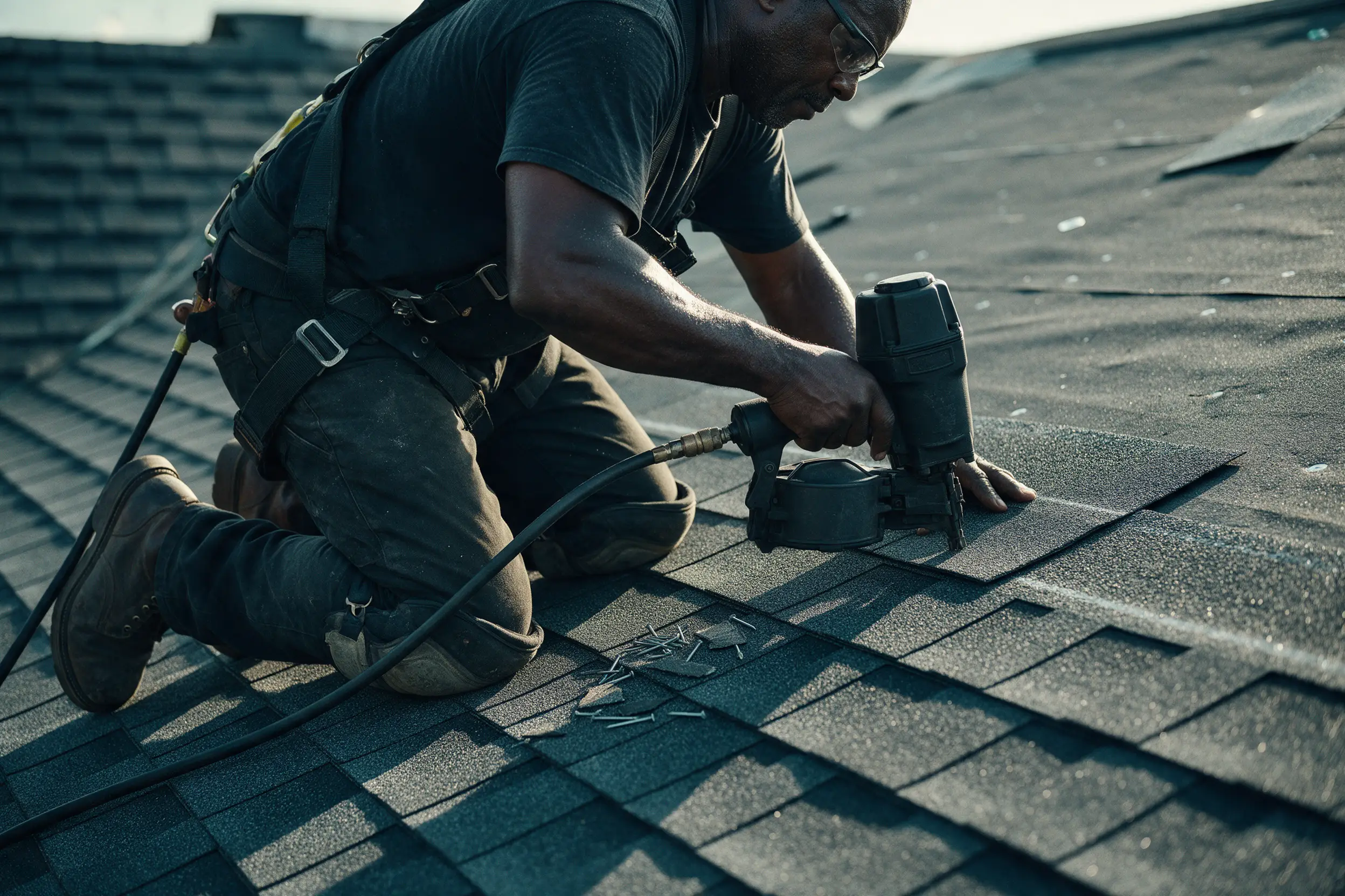 A roofer nails new shingles in place