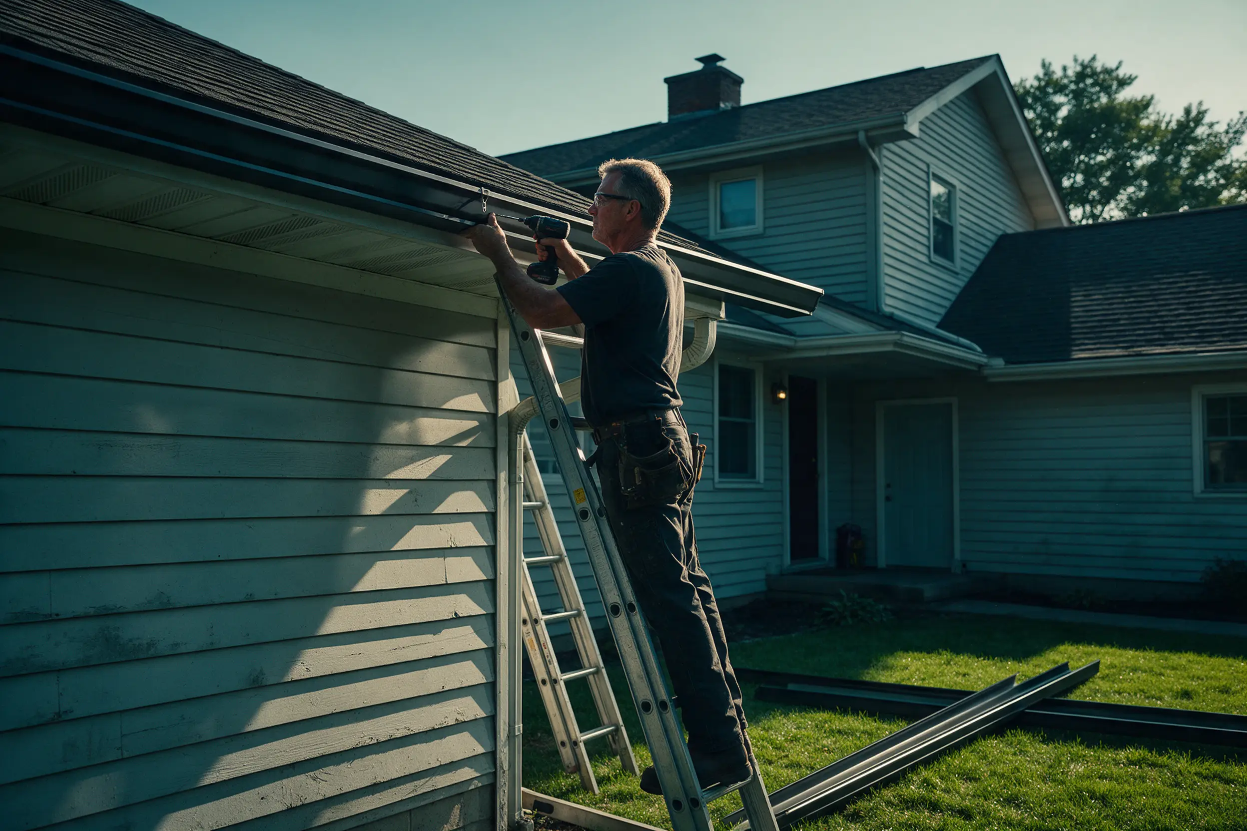 An installer on a ladder fits a new rain gutter