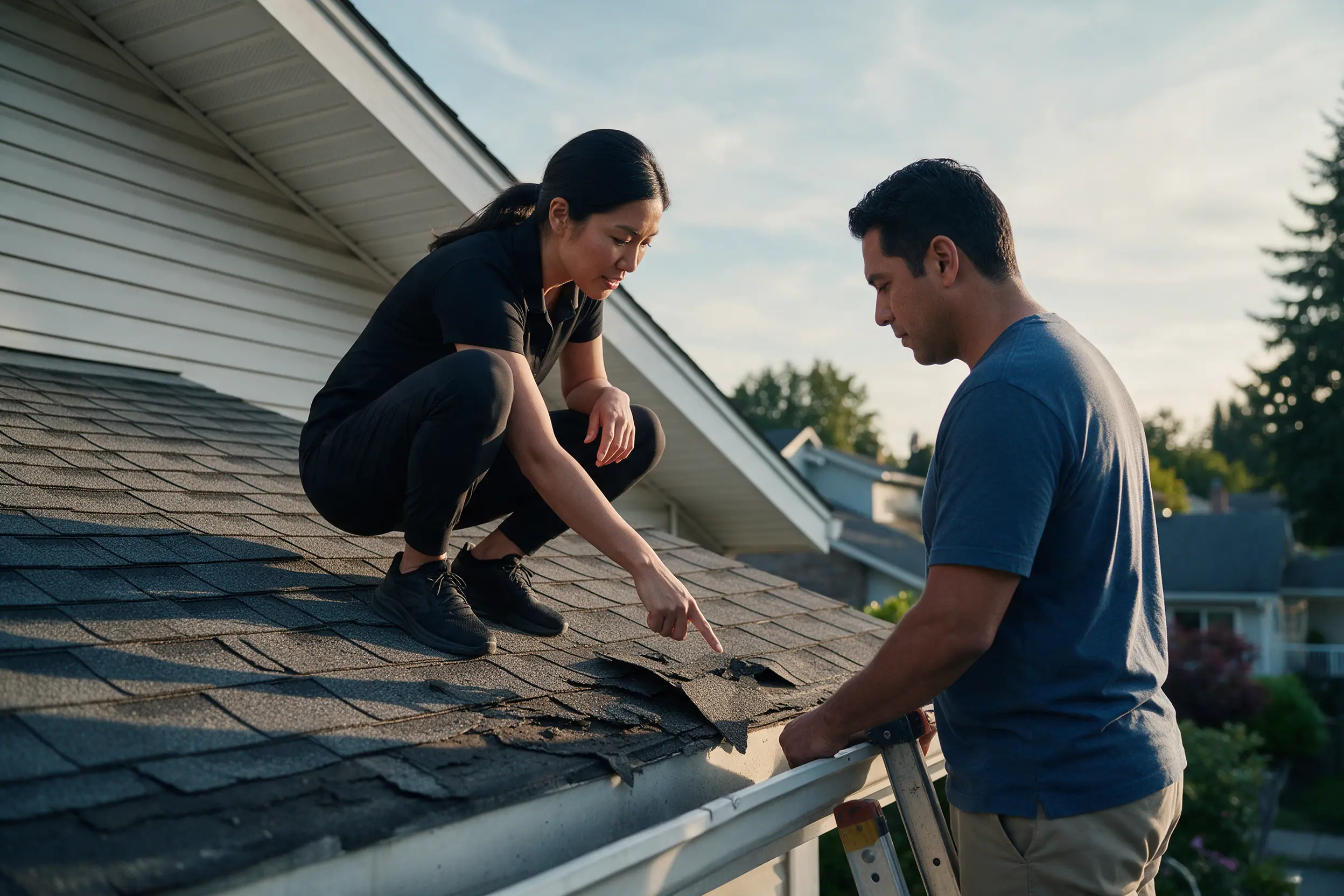 A rep points out worn shingles to a homeowner on a ladder