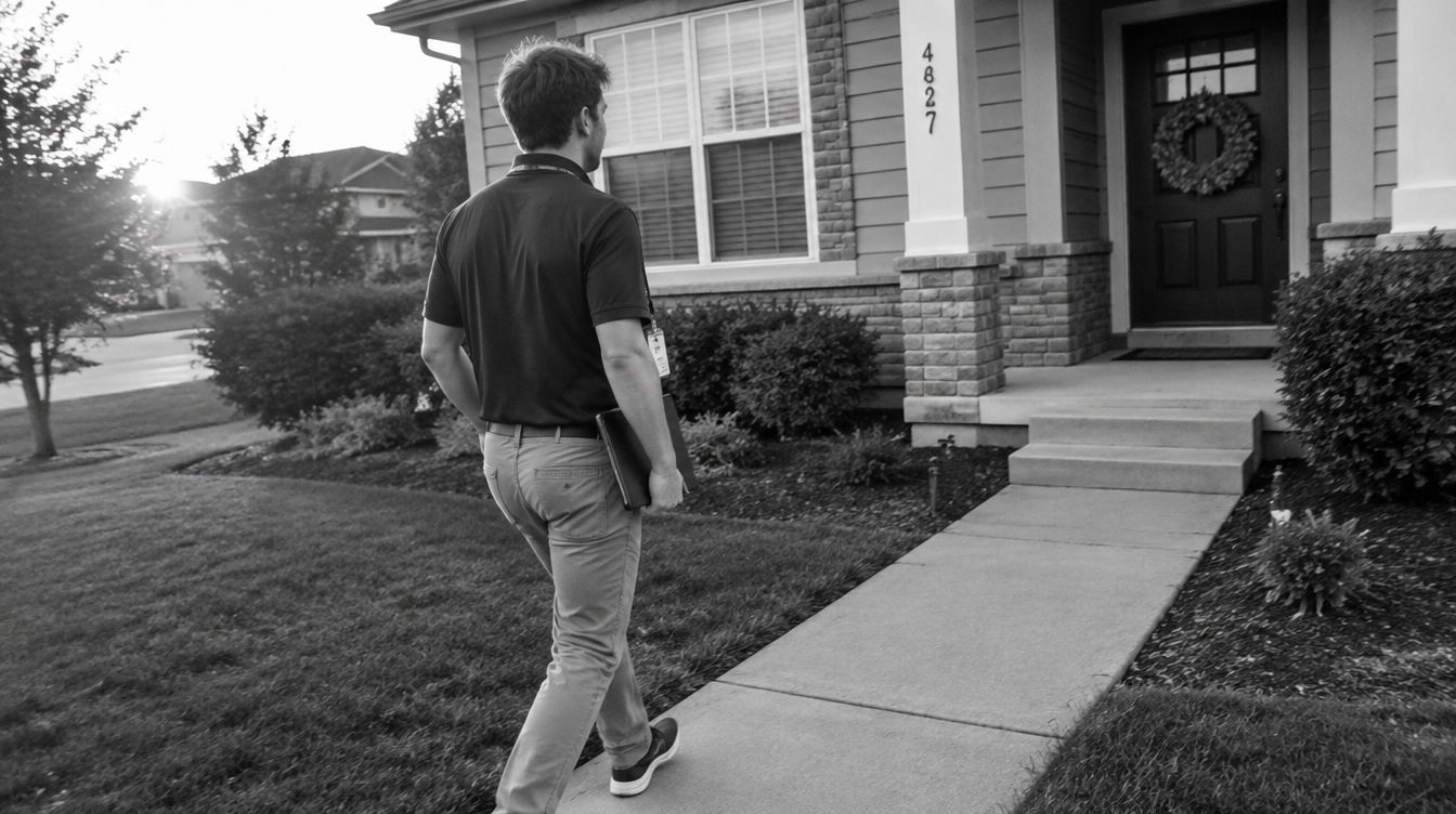 A sales rep walks up a front path at dusk with a tablet