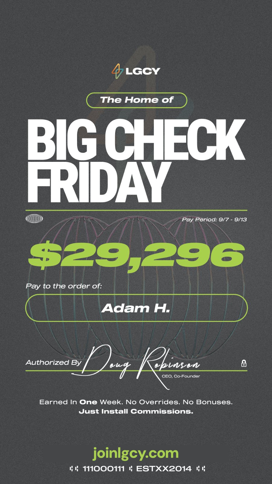 Big Check Friday: one-week solar commission check of $29,296 paid to Adam H.