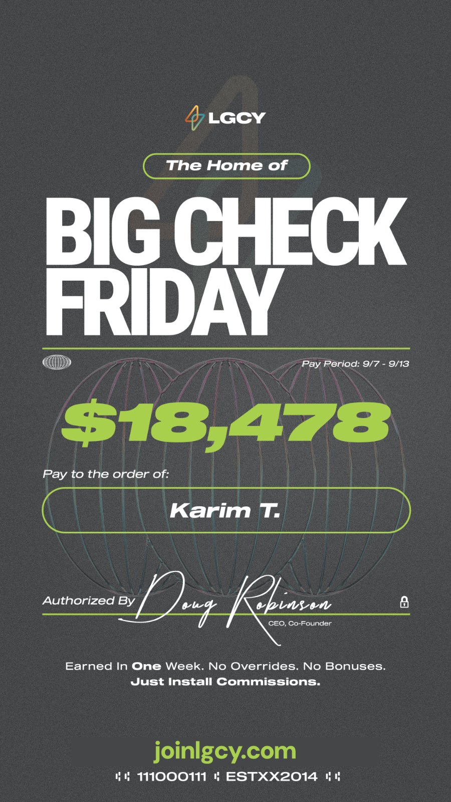 Big Check Friday: one-week solar commission check of $18,478 paid to Karim T.