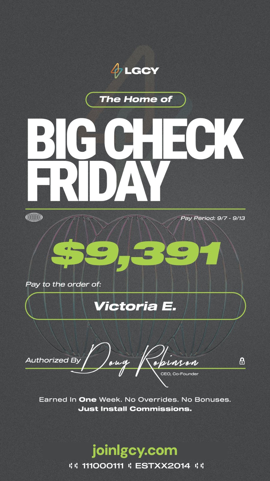 Big Check Friday: one-week solar commission check of $9,391 paid to Victoria E.
