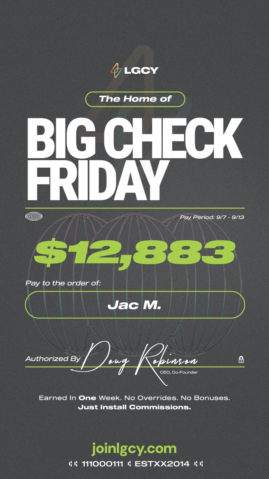 Big Check Friday: one-week solar commission check of $12,883 paid to Jac M.