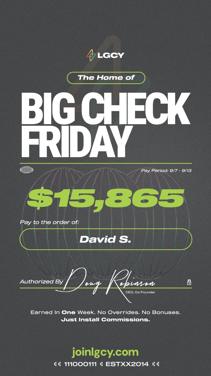 Big Check Friday: one-week solar commission check of $15,865 paid to David S.