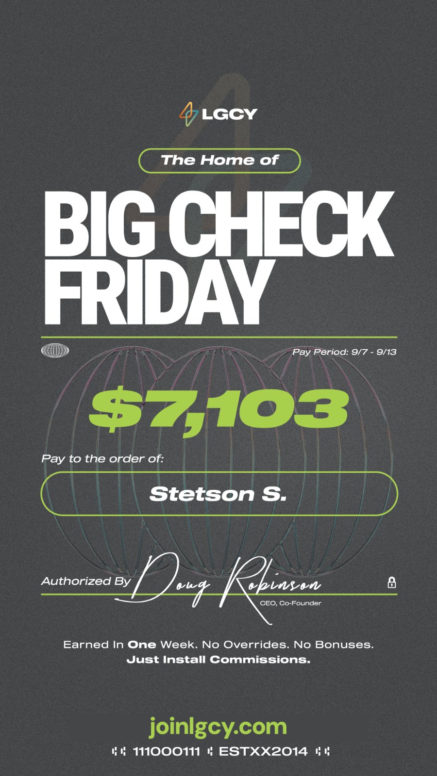 Big Check Friday: one-week solar commission check of $7,103 paid to Stetson S.