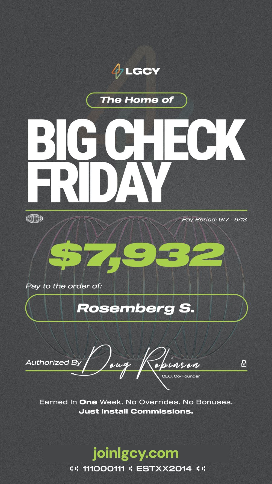 Big Check Friday: one-week solar commission check of $7,932 paid to Rosemberg S.
