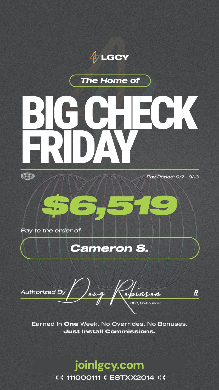 Big Check Friday: one-week solar commission check of $6,519 paid to Cameron S.