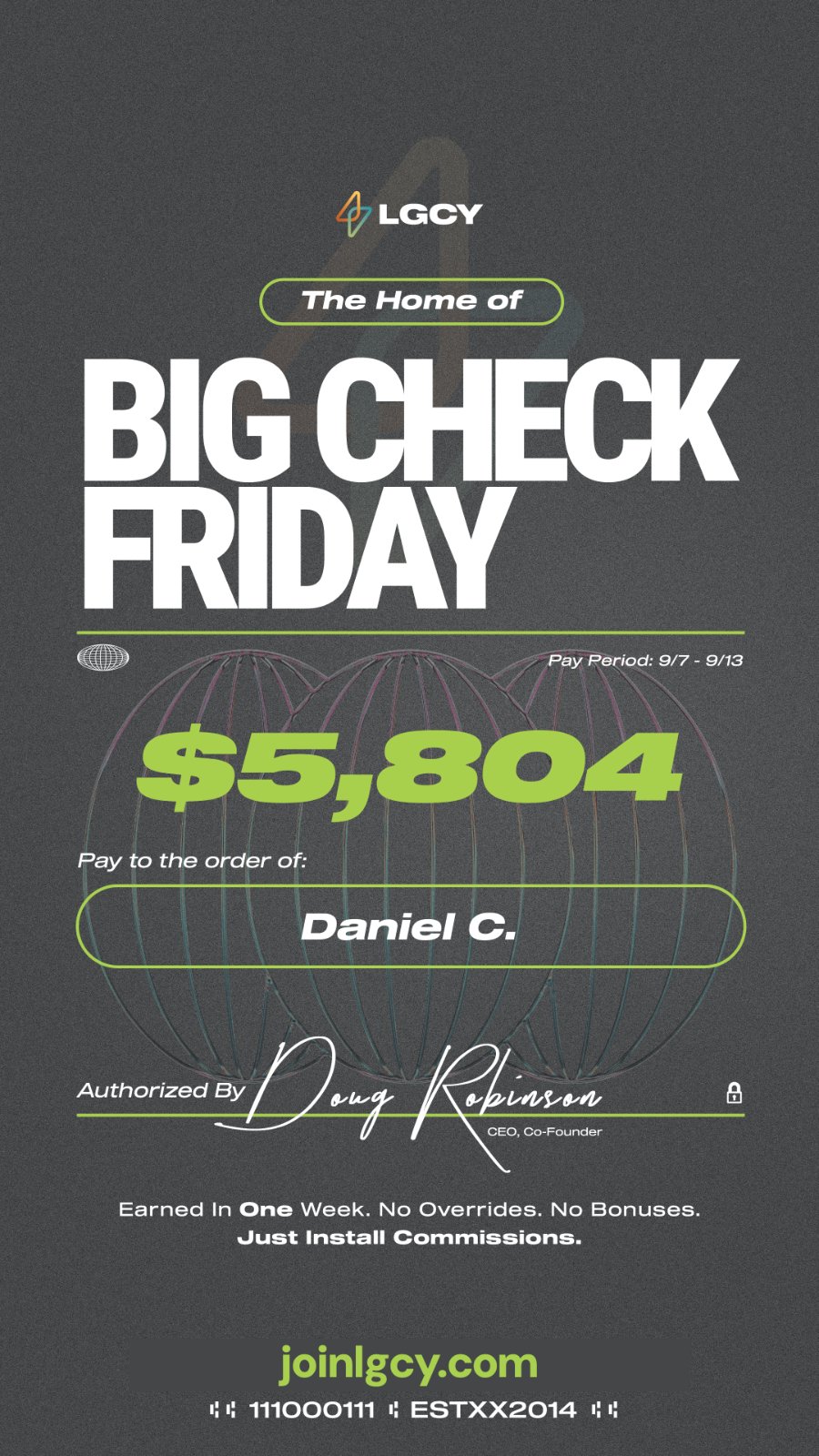Big Check Friday: one-week solar commission check of $5,804 paid to Daniel C.