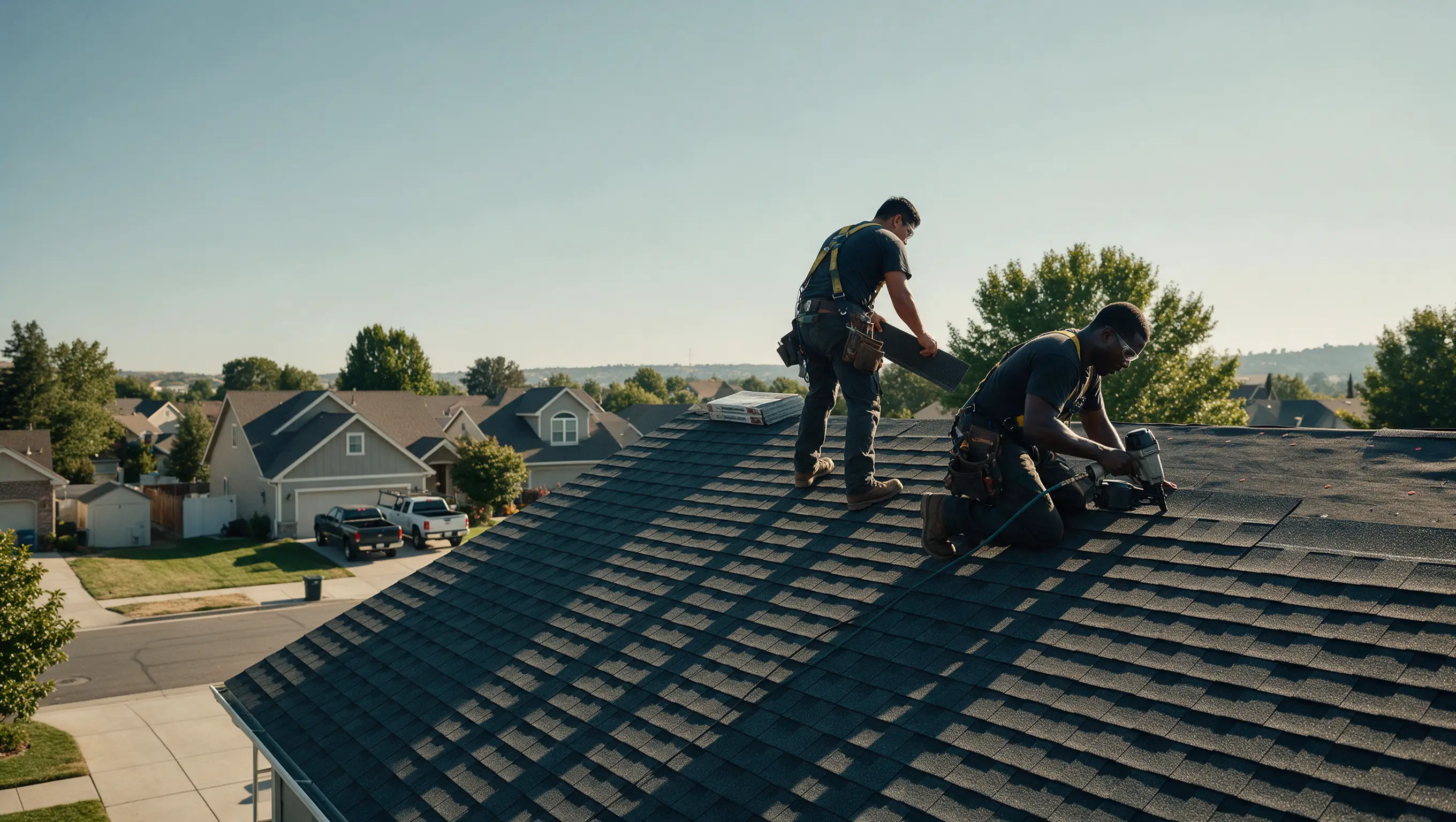 Two roofers lay new shingles on a pitched roof