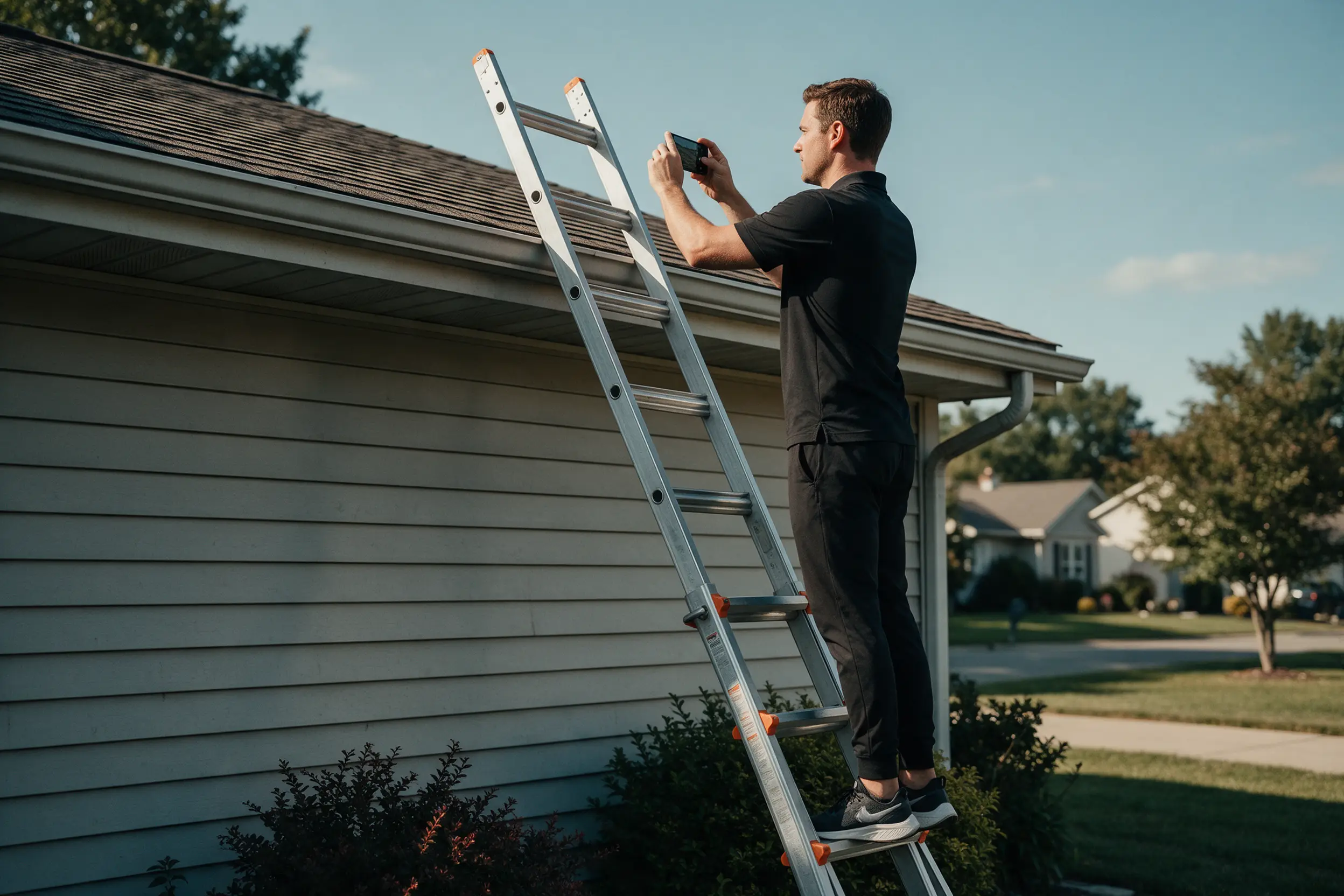 A rep on a ladder photographs a roof with his phone