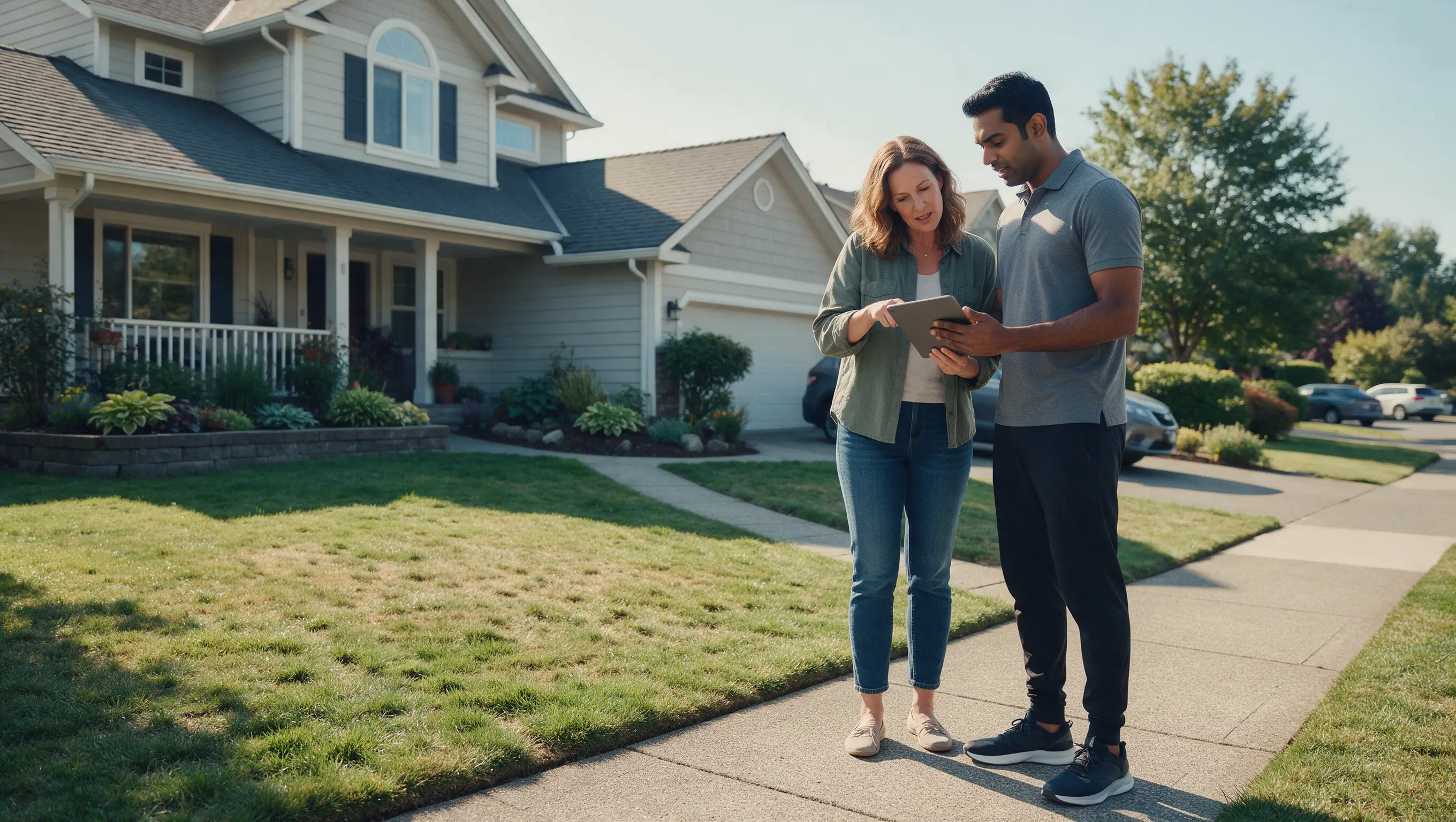 A rep walks a homeowner through a proposal on his tablet outside her home