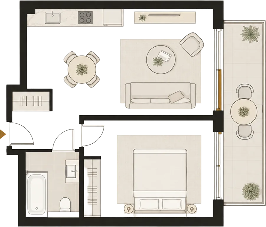 Floor plan of plot 06, one-bedroom apartment