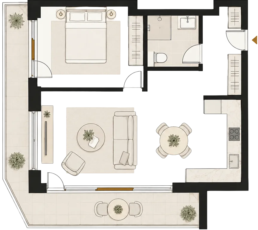 Floor plan of plot 07, one-bedroom apartment