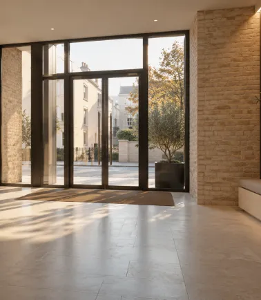 Light-filled entrance lobby with full-height glazed doors