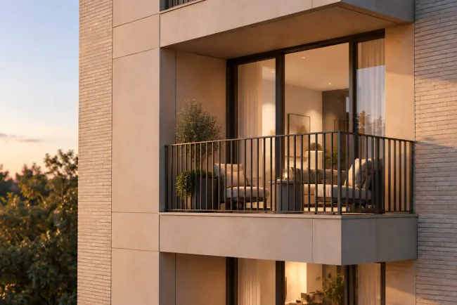 Private balcony on the Amber House facade at sunset