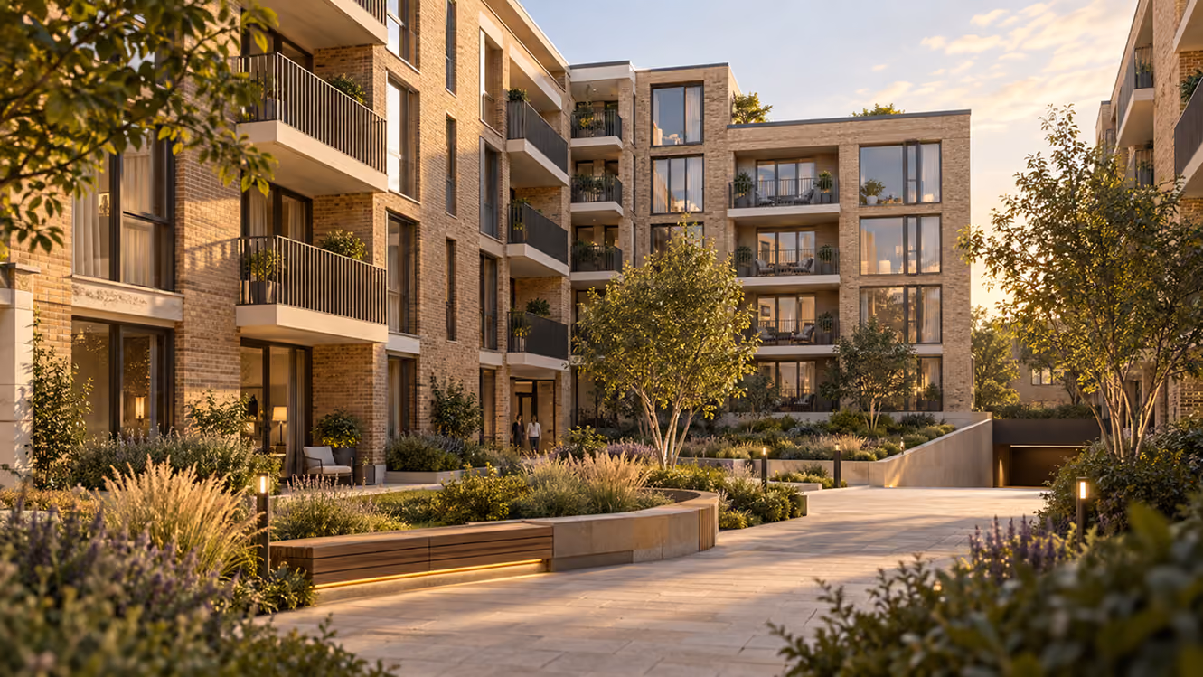Landscaped courtyard between the Amber House buildings