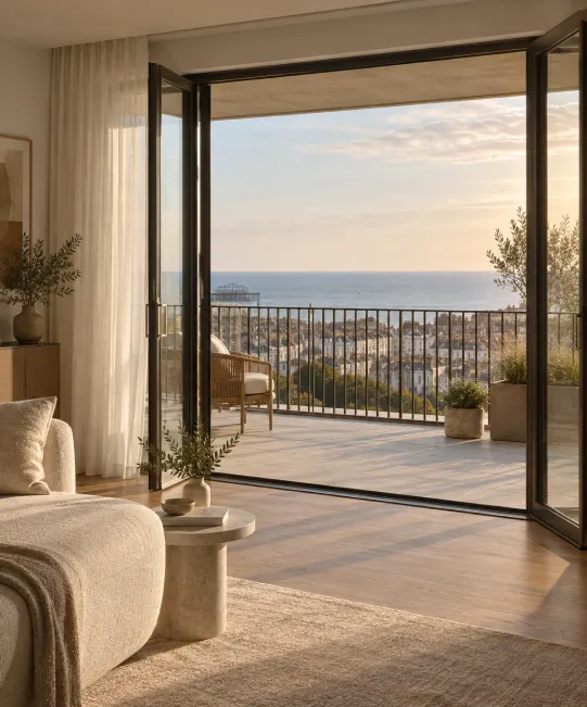 Living room opening onto a sea-view terrace