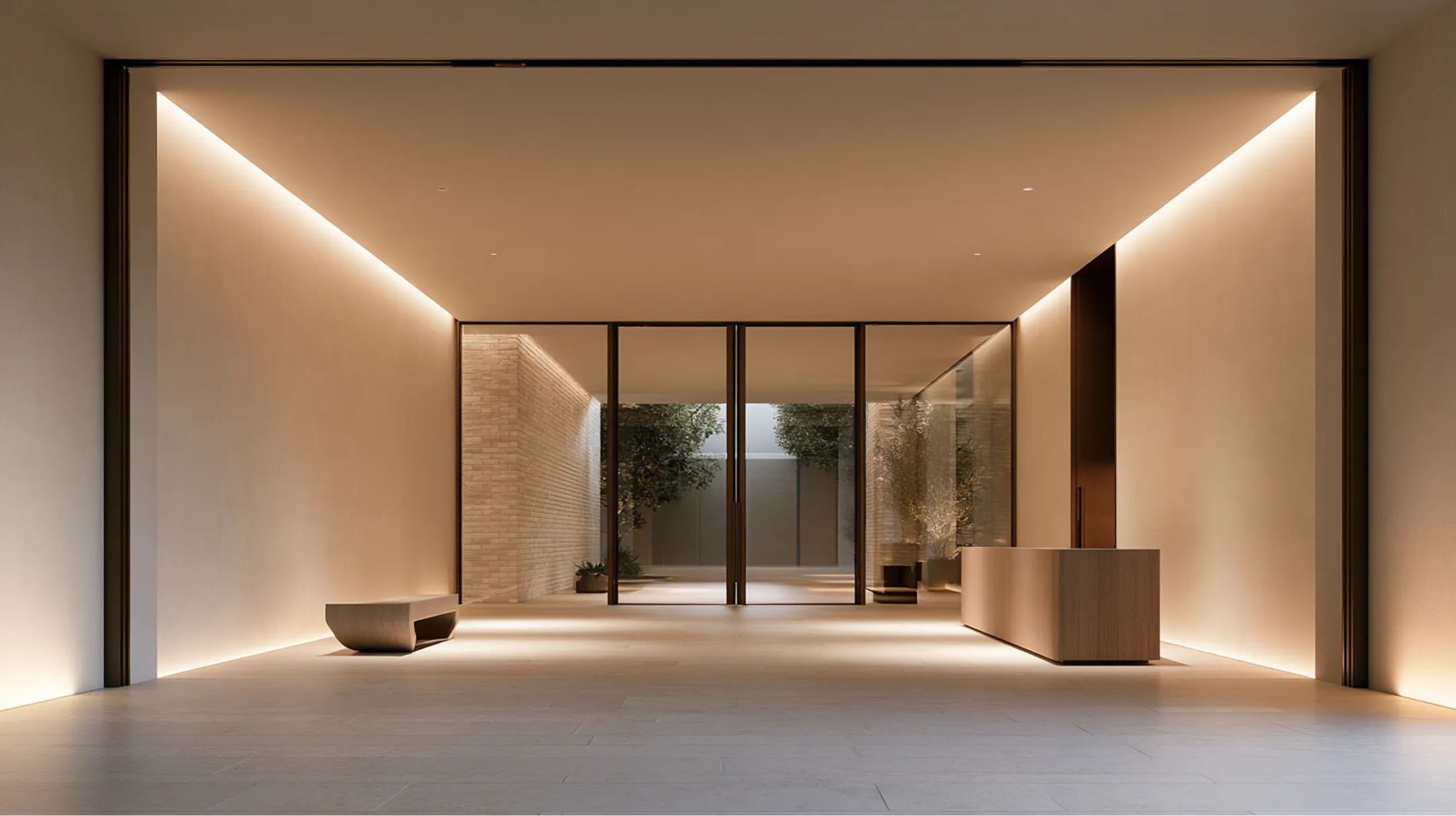 Minimal entrance hall with warm concealed lighting