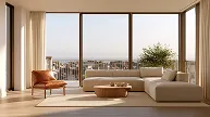 Open-plan living room with balcony views