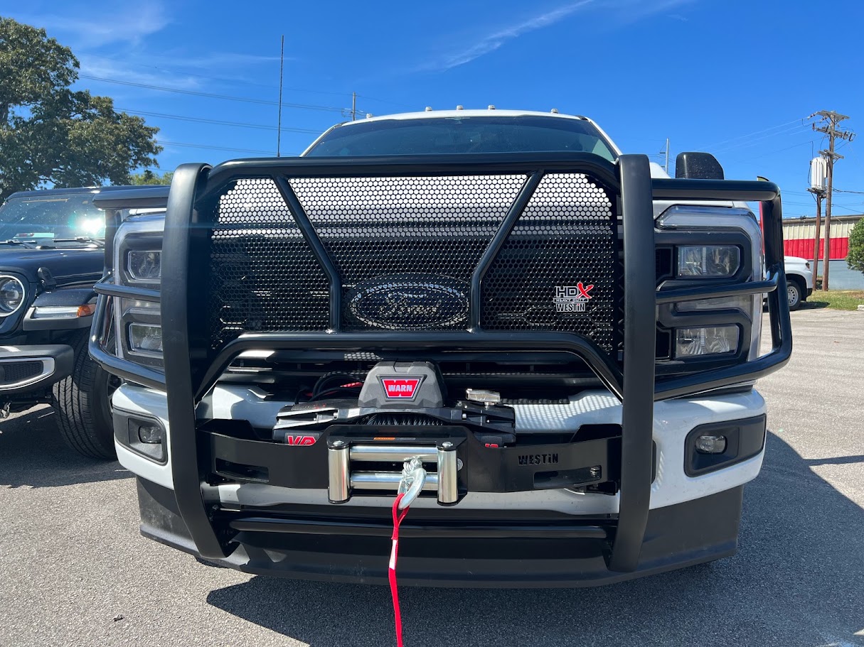 Ford pickup fitted with a grille guard and front winch