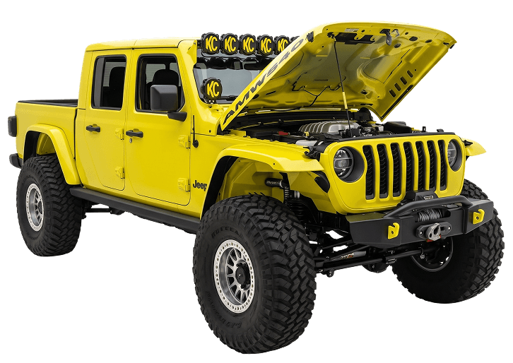 Yellow Jeep Gladiator with lift kit, off-road tires, steel bumper, winch and auxiliary lights
