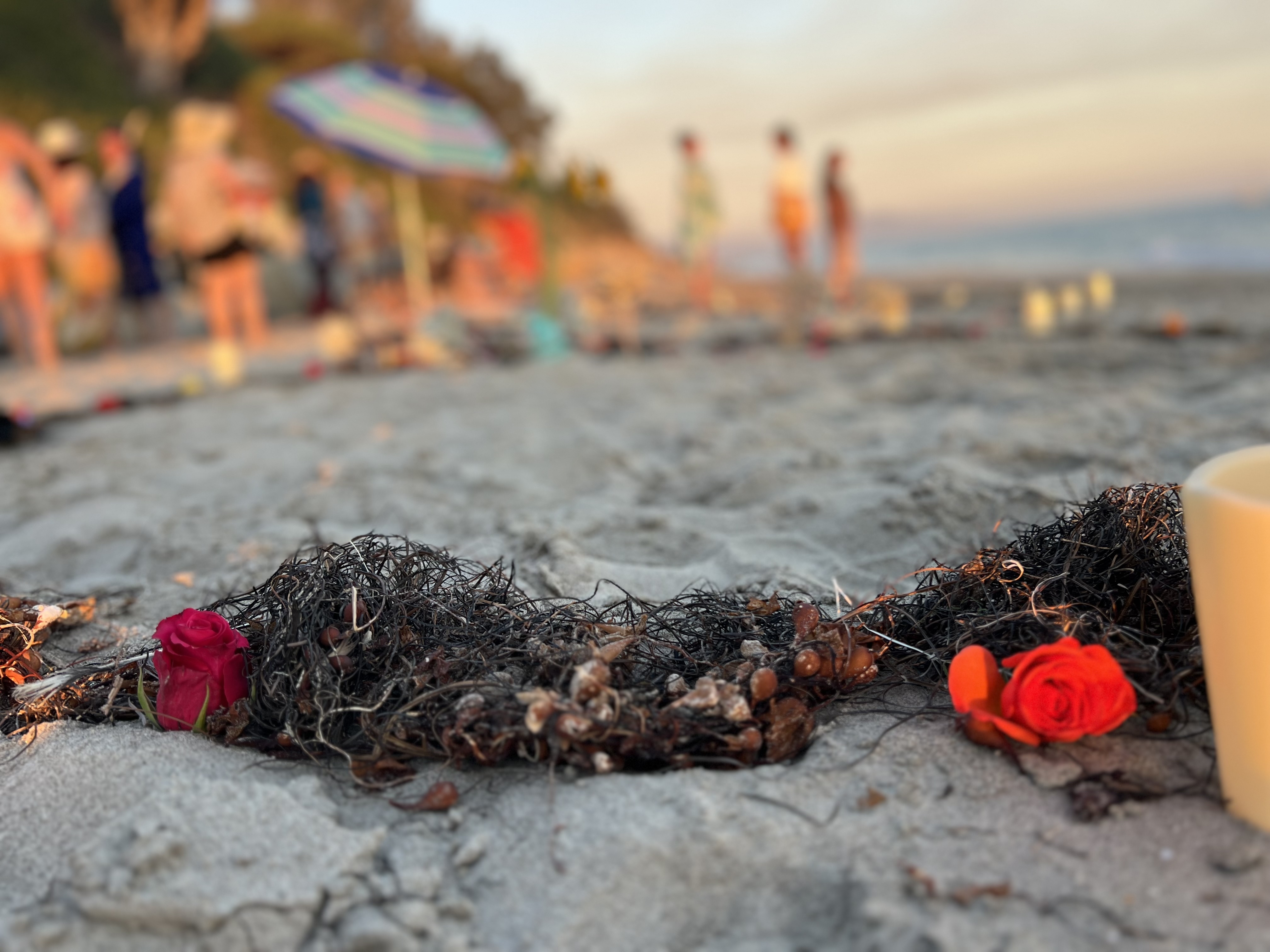 Roses and candles on the sand at the sunset gathering on East Beach