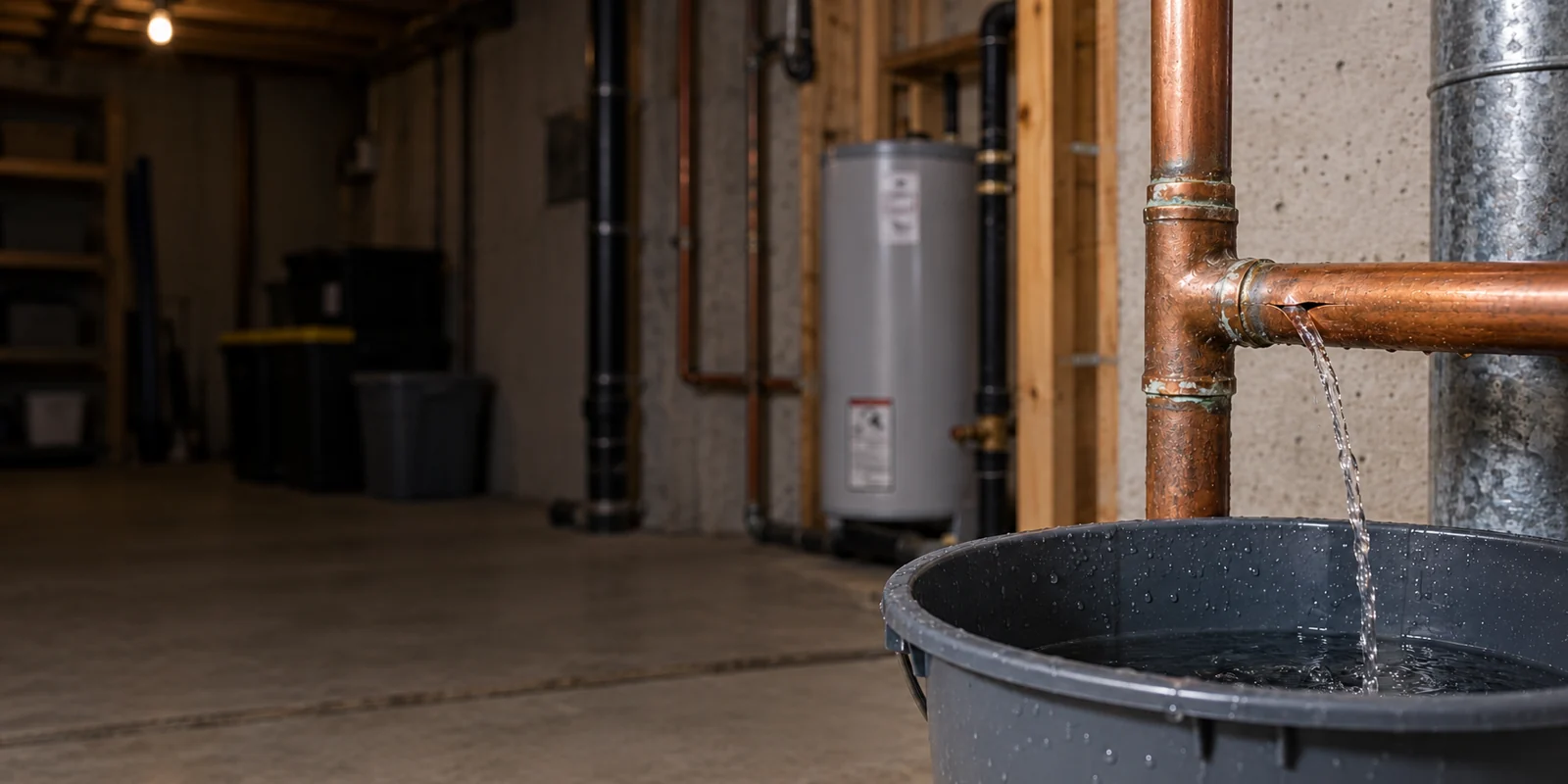 Illustrative copper supply pipe leaking a modest stream into a catch bucket in a basement; no image text