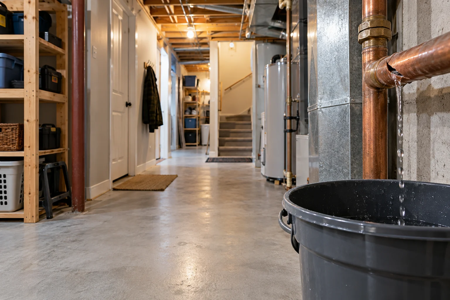 Illustrative split copper supply pipe dripping into a catch bucket in a dry Calgary-style basement