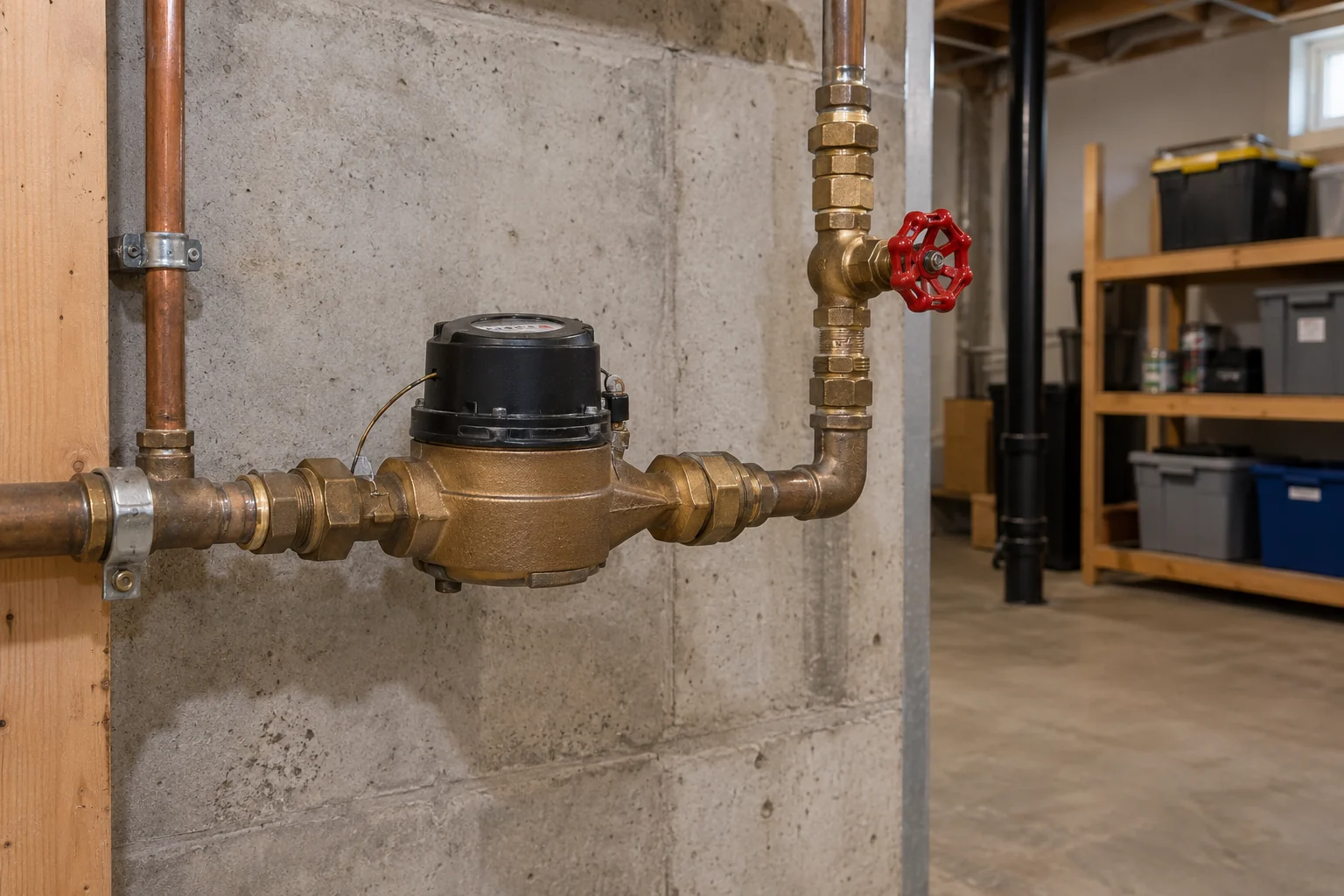 Illustrative accessible brass indoor main water shutoff and water meter in a basement
