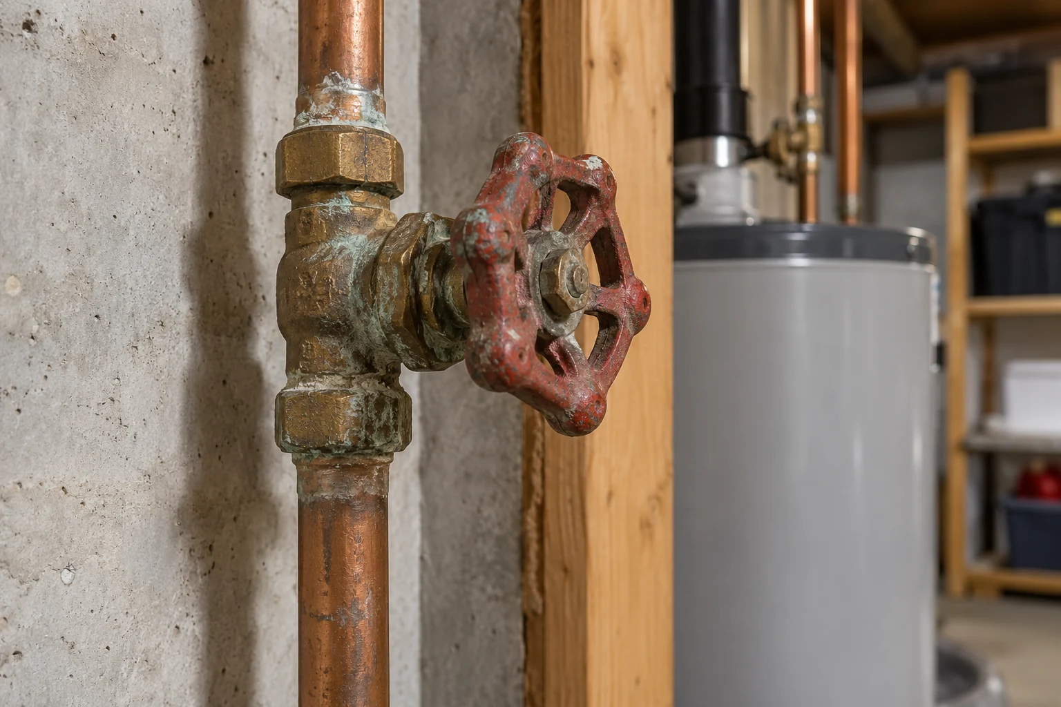 Illustrative aged corroded brass water shutoff valve on a copper supply line