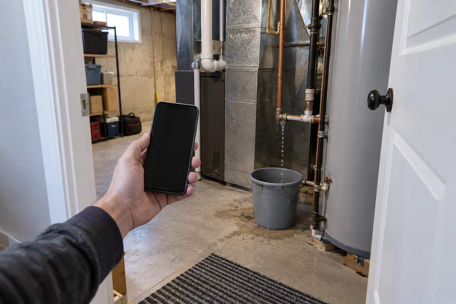 Illustrative homeowner holding a phone to document a contained pipe leak from a dry doorway