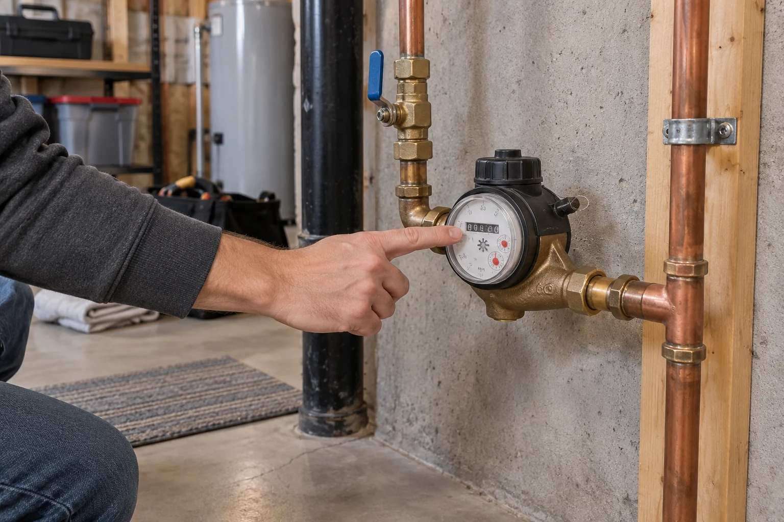 Homeowner pointing toward an indoor water meter in a basement