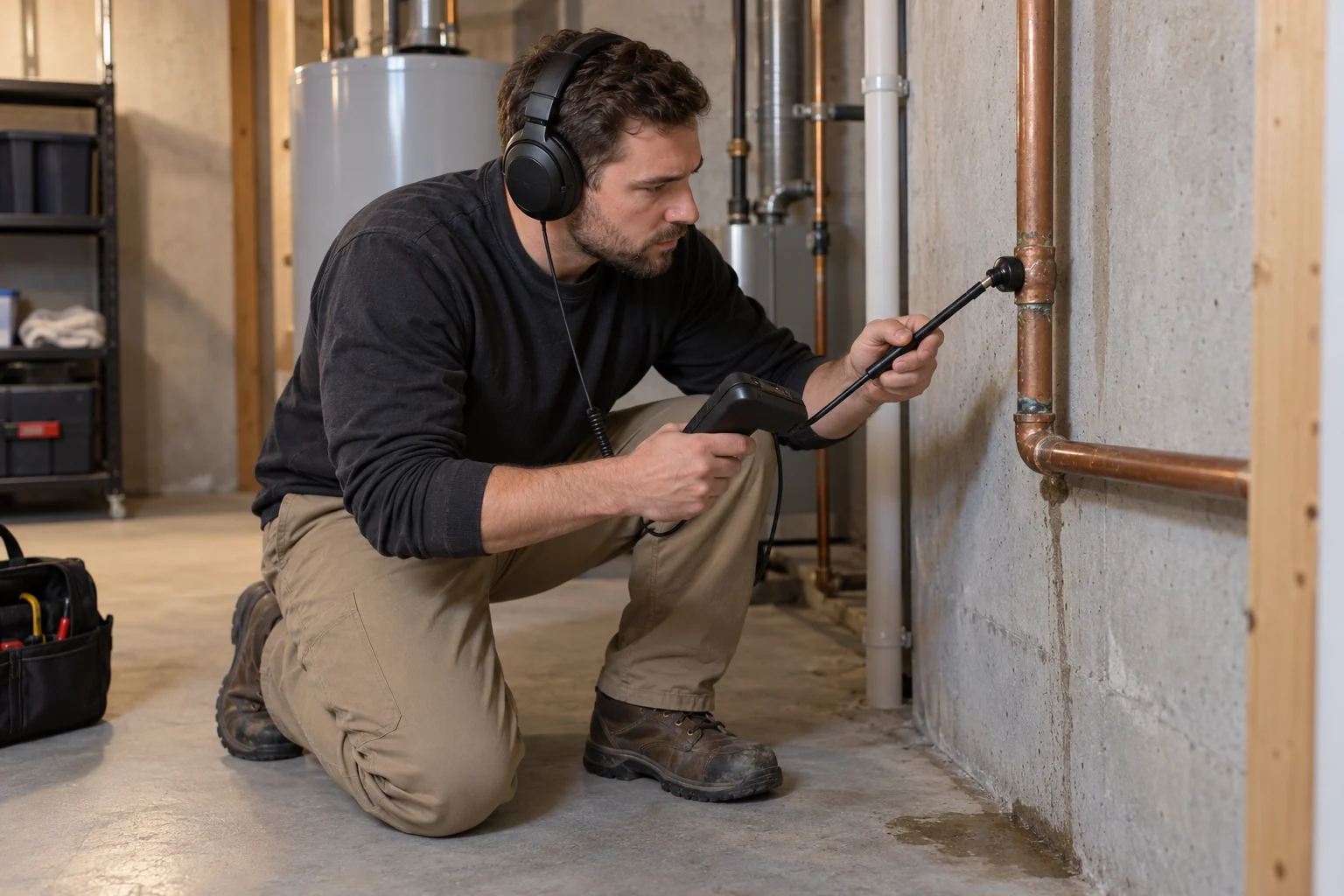 Plumber listening for a leak along exposed basement pipework