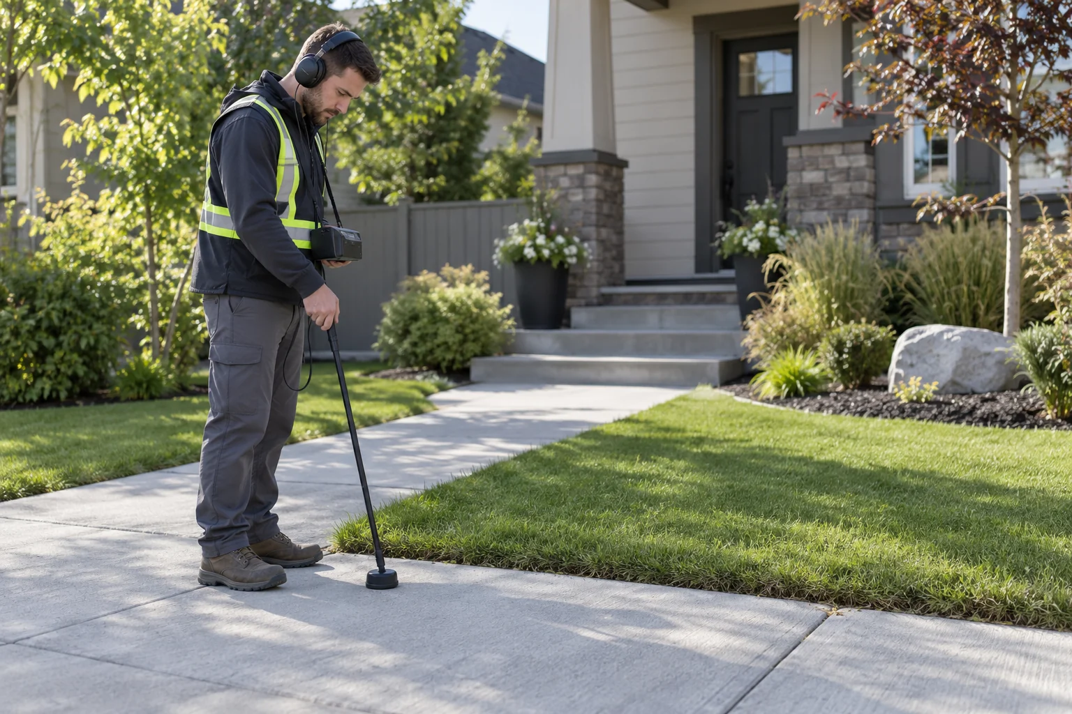 Technician listening for a water line leak along a residential front path