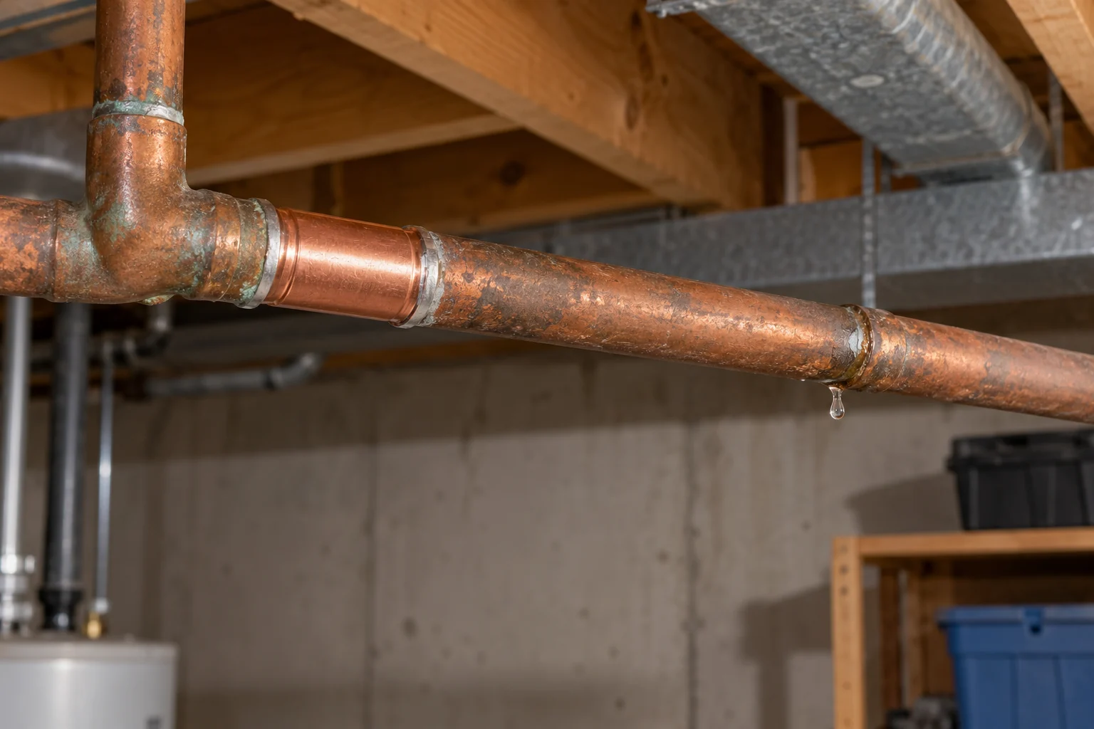 Repaired copper pipe section with another nearby joint beginning to drip