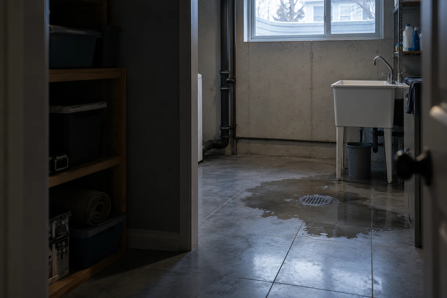 Modest dark water pooled near a basement floor drain and utility sink, seen from a dry doorway