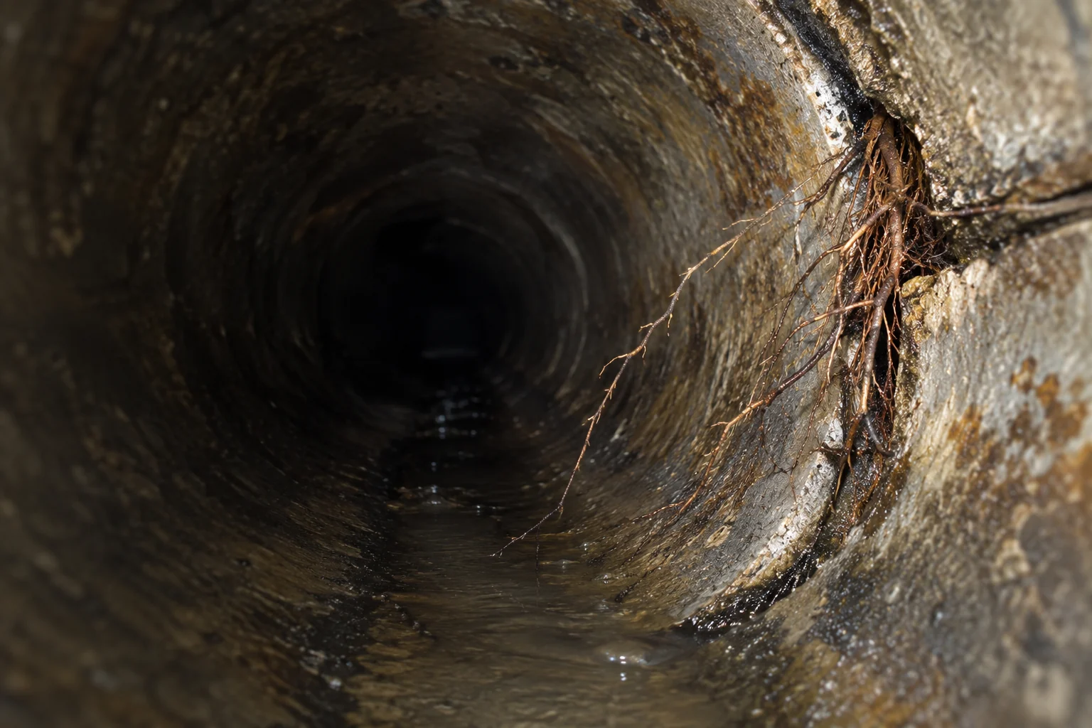 Fine tree roots entering through a joint inside a sewer pipe