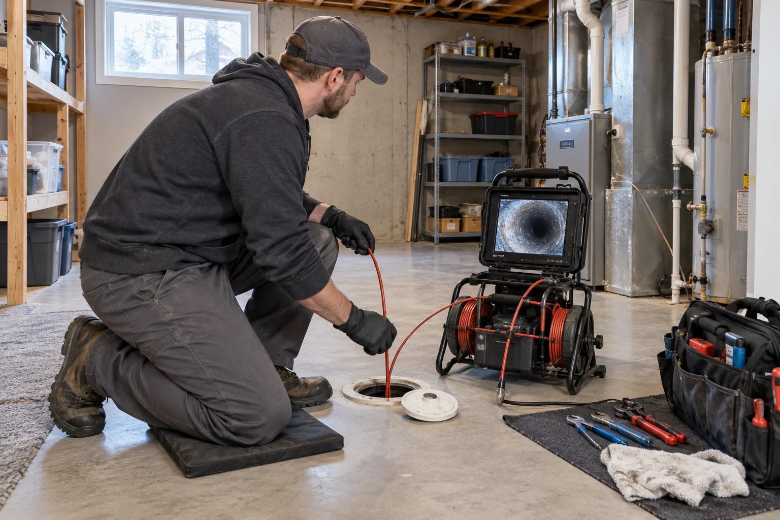 Plumber feeding a sewer inspection camera through a clean basement access point
