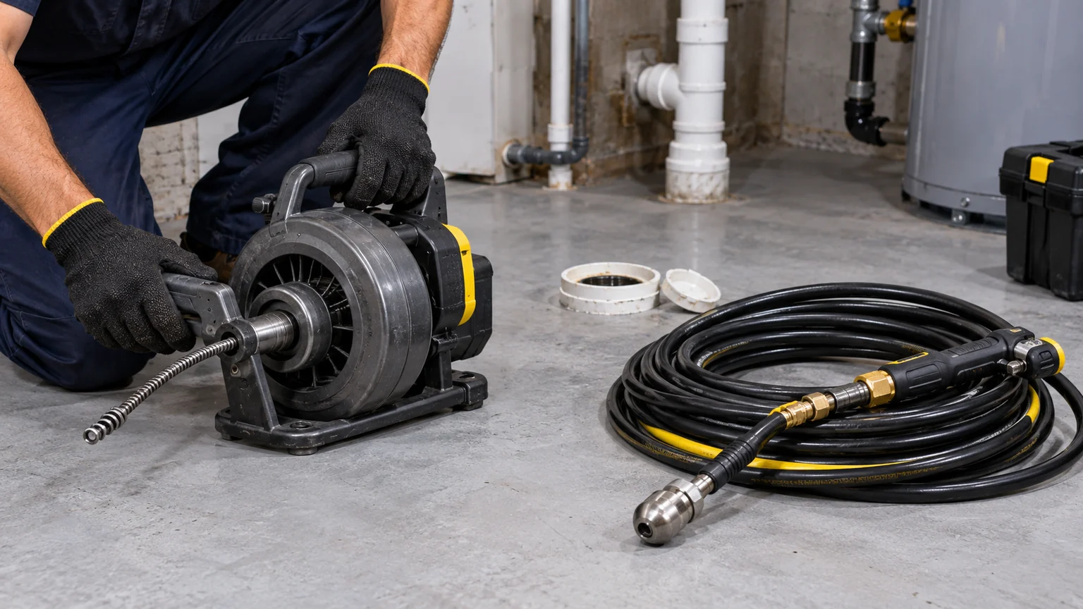 Mechanical drain snake and hydro-jetting hose laid out beside a basement cleanout