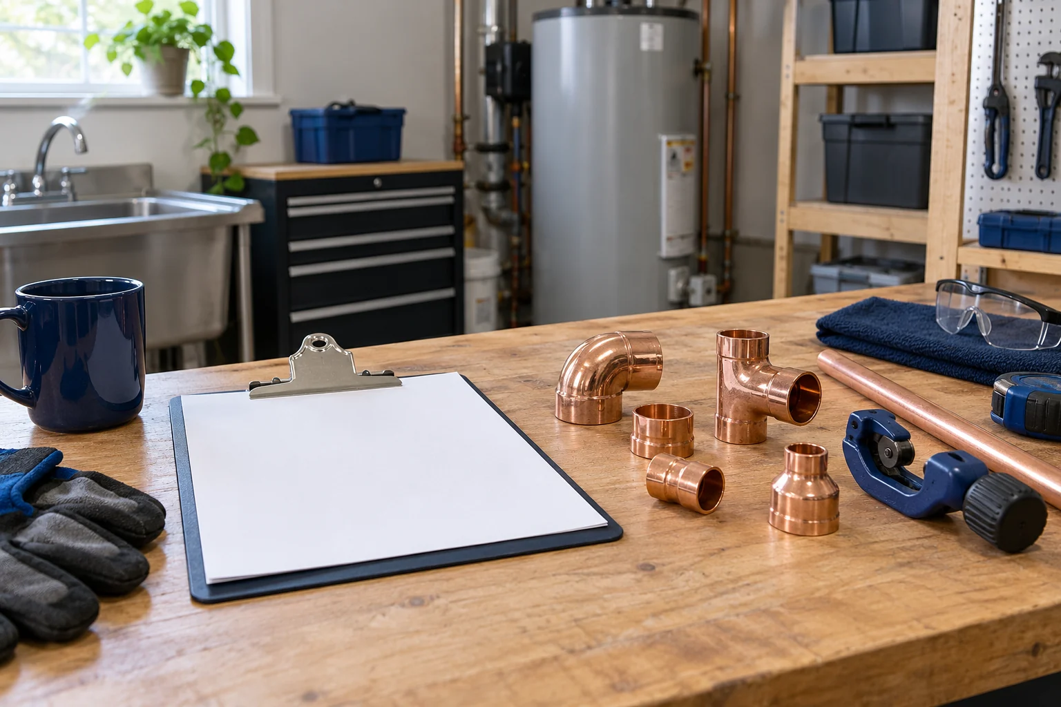 Illustrative Blank clipboard and copper repair fittings on a plumbing workbench