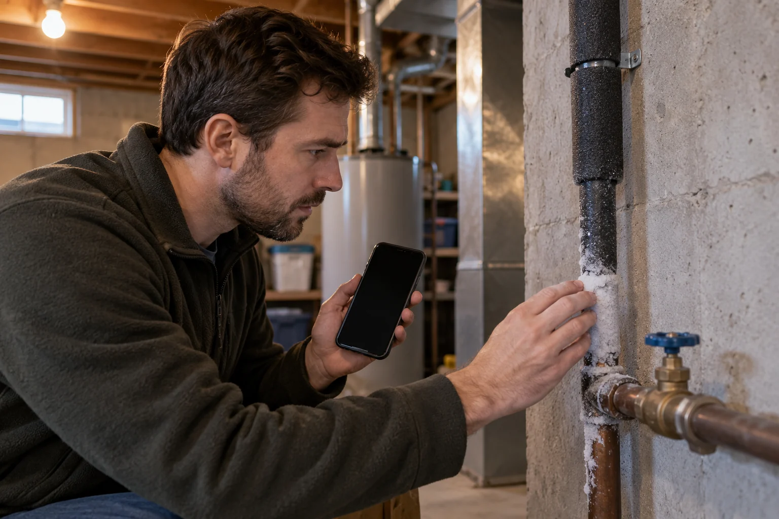 Homeowner looking at a frozen basement water line with phone in hand
