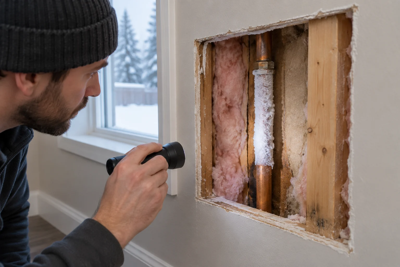 Inspector viewing a frosted pipe inside an opened exterior wall