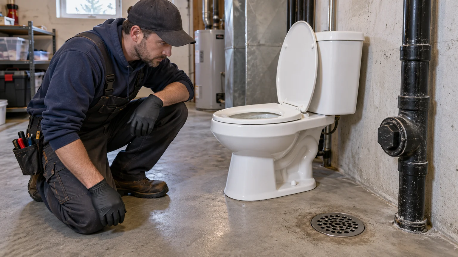 Plumber assessing toilet, floor drain and main sewer cleanout