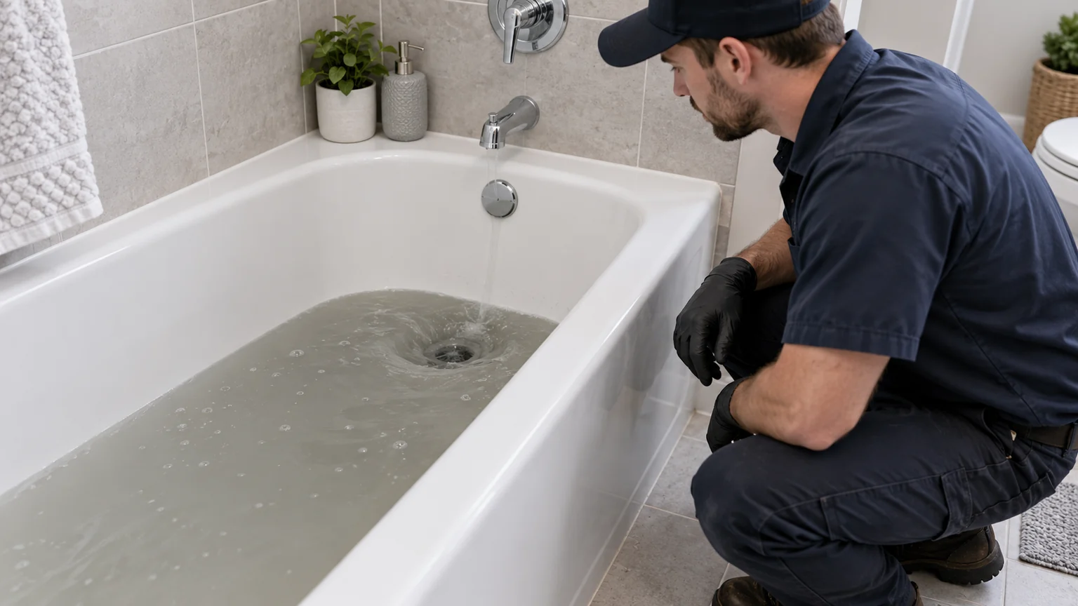 Plumber viewing grey water in bathtub from dry tile