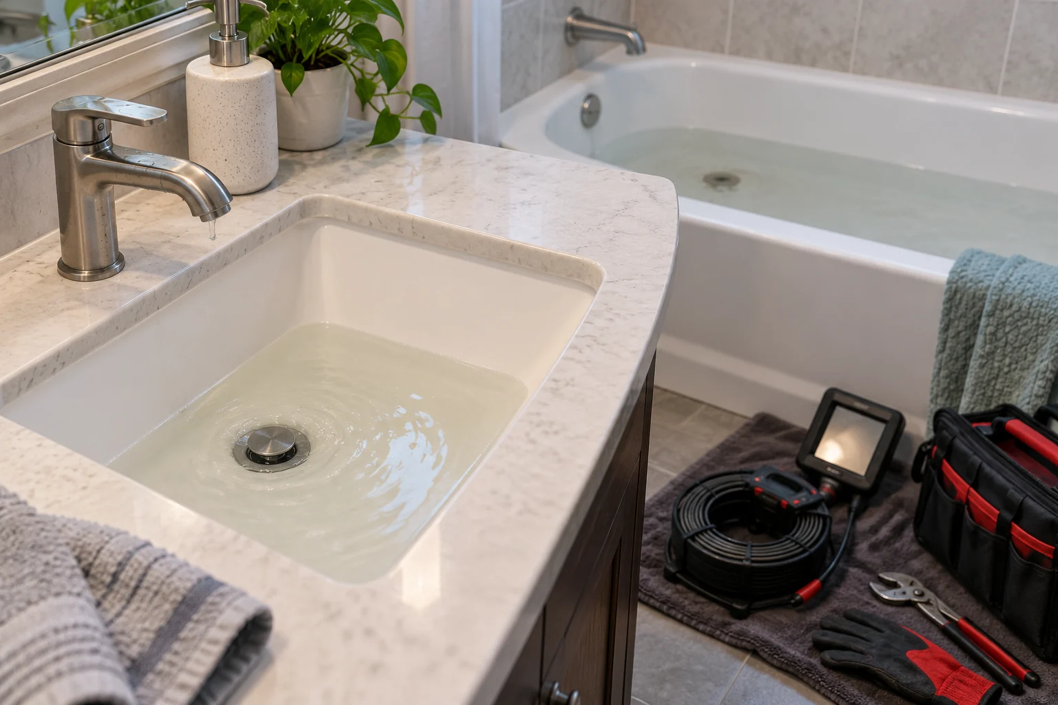 Bathroom sink and bathtub holding standing water while plumbing inspection tools sit nearby