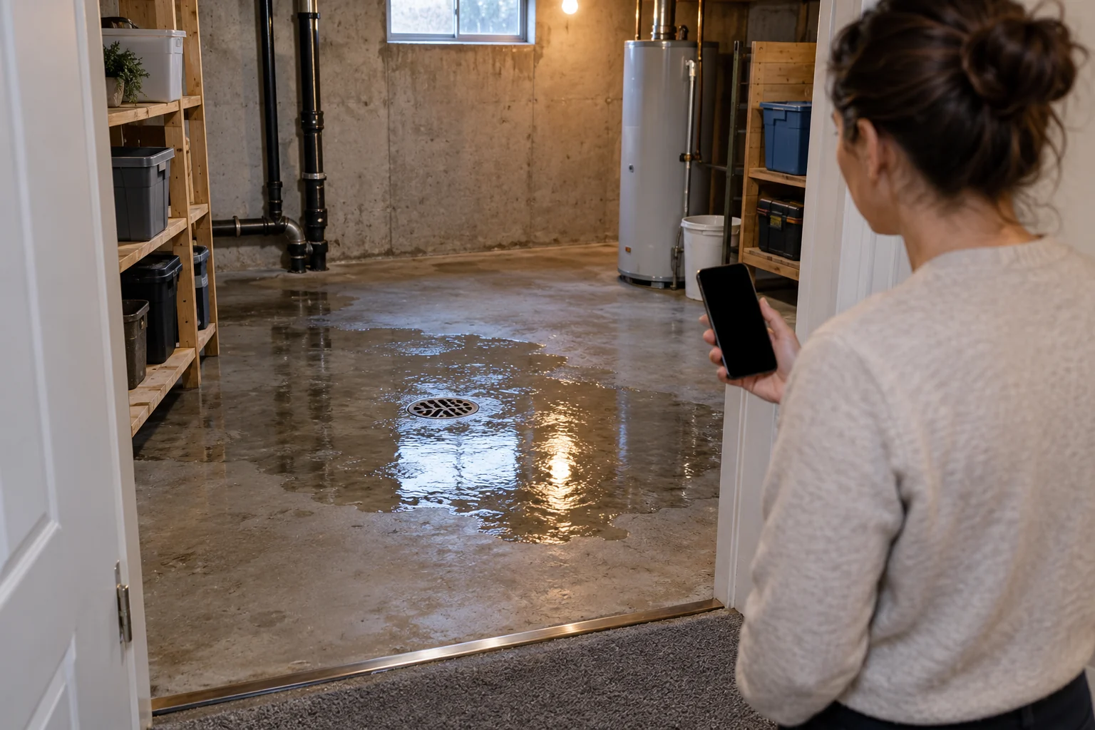 Homeowner standing safely at a dry doorway with phone while a basement floor drain backs up
