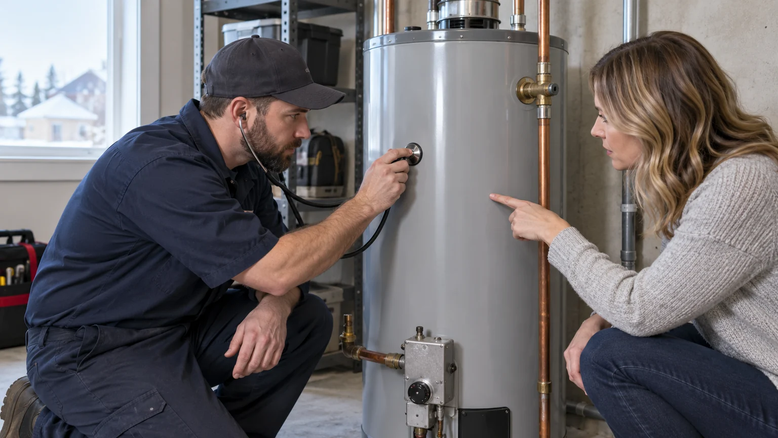 Plumber listens to a rumbling hot water tank