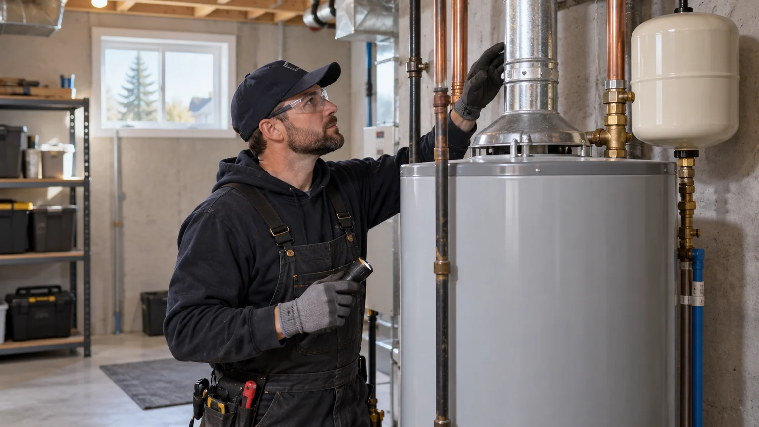 Plumber examines the venting connection on a hot water tank
